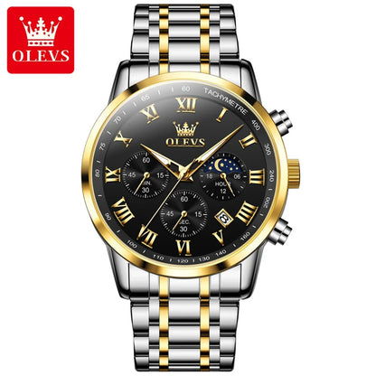 OLEVS Luxury Quartz Watch for Men Business Waterproof Sport Male Watches Leather Strap Moon Phase Wristwatch Relogios Masculino