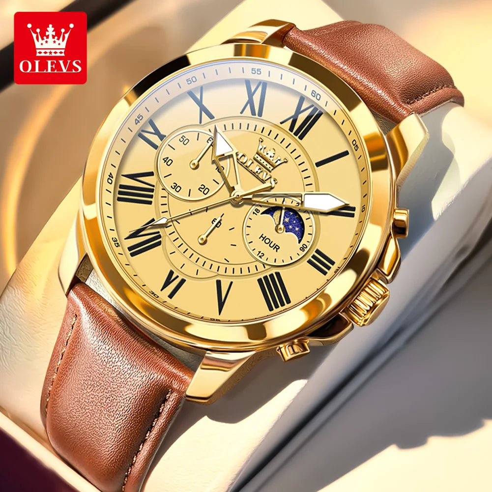 OLEVS Best Selling High Quality Fashion Business Men Watch Top Brand Original Leather Strap Waterproof Quartz Wrist Watch Men