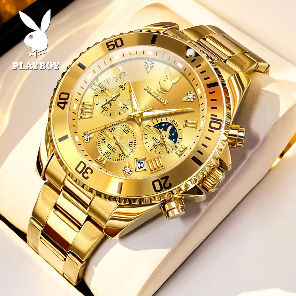 PLAYBOY High Quality Fashion Watch for Men Original Stainless Steel Waterproof Calendar Luxury Multifunction Quartz Men Watch
