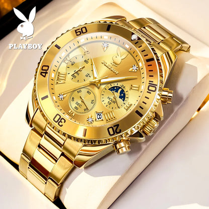 PLAYBOY High Quality Fashion Watch for Men Original Stainless Steel Waterproof Calendar Luxury Multifunction Quartz Men Watch