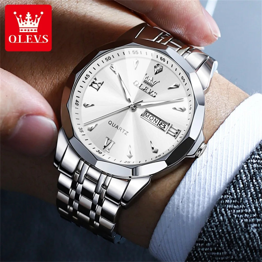 OLEVS Casual Fashion Business Men Quartz Watch Stainless Steel Waterproof Calendar Luminous Original Luxury Men's Wrist Watches