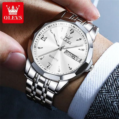 OLEVS Casual Fashion Business Men Quartz Watch Stainless Steel Waterproof Calendar Luminous Original Luxury Men's Wrist Watches