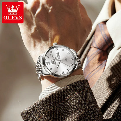 OLEVS High Quality Original Watch for Men Stainless Steel Waterproof Dual Calendar Luminous Quartz Fashion Men's Wrist Watches