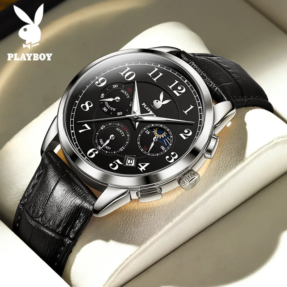 PLAYBOY Fashion Luxury Multifunction Quartz Men's Watches Original Waterproof Calendar Luminous Leather Strap Wrist Watch Men