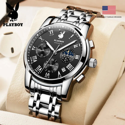 PLAYBOY Top Brand Quartz Watches for Men Waterproof Moon Phase Luxury Men's Watches Elegant  Fashion Original Wrist Watch Men