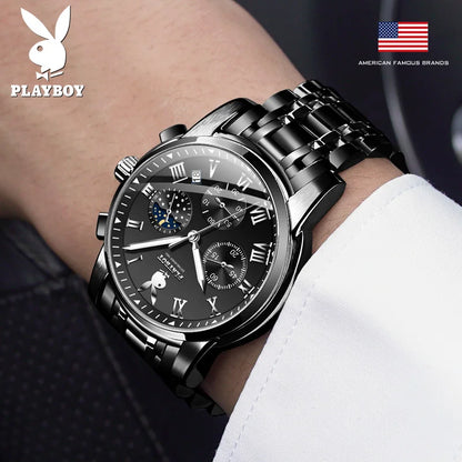 PLAYBOY Top Brand Quartz Watches for Men Waterproof Moon Phase Luxury Men's Watches Elegant  Fashion Original Wrist Watch Men
