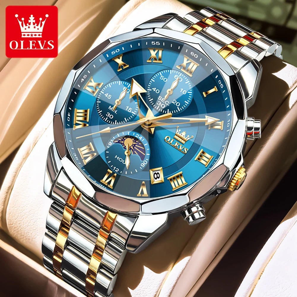 OLEVS High Quality Fashion Business Men Watch Original Stainless Steel Waterproof Multifunction New Quartz Men's Wrist Watches