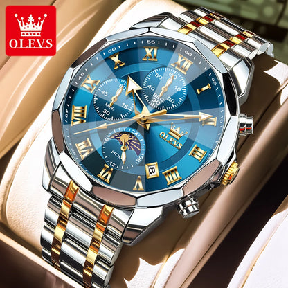 OLEVS High Quality Fashion Business Men Watch Original Stainless Steel Waterproof Multifunction New Quartz Men's Wrist Watches
