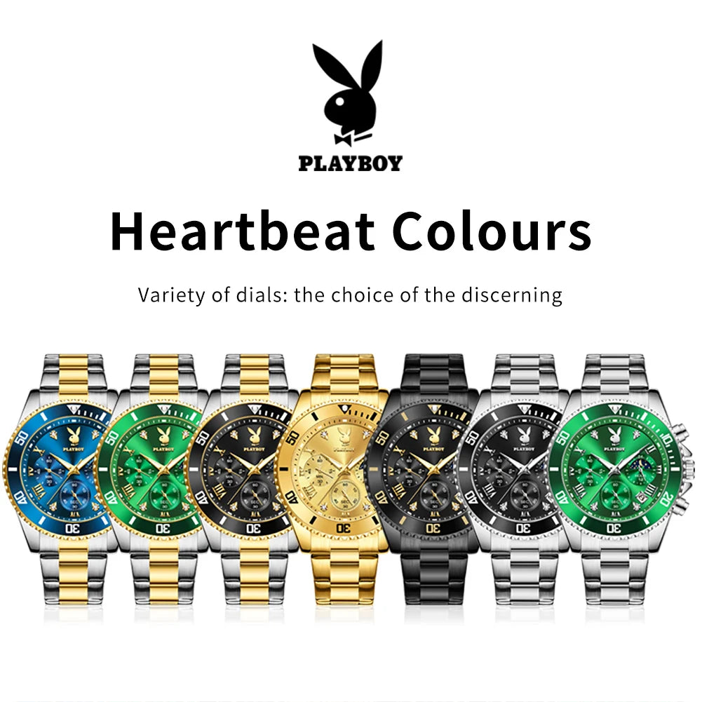 PLAYBOY High Quality Fashion Watch for Men Original Stainless Steel Waterproof Calendar Luxury Multifunction Quartz Men Watch