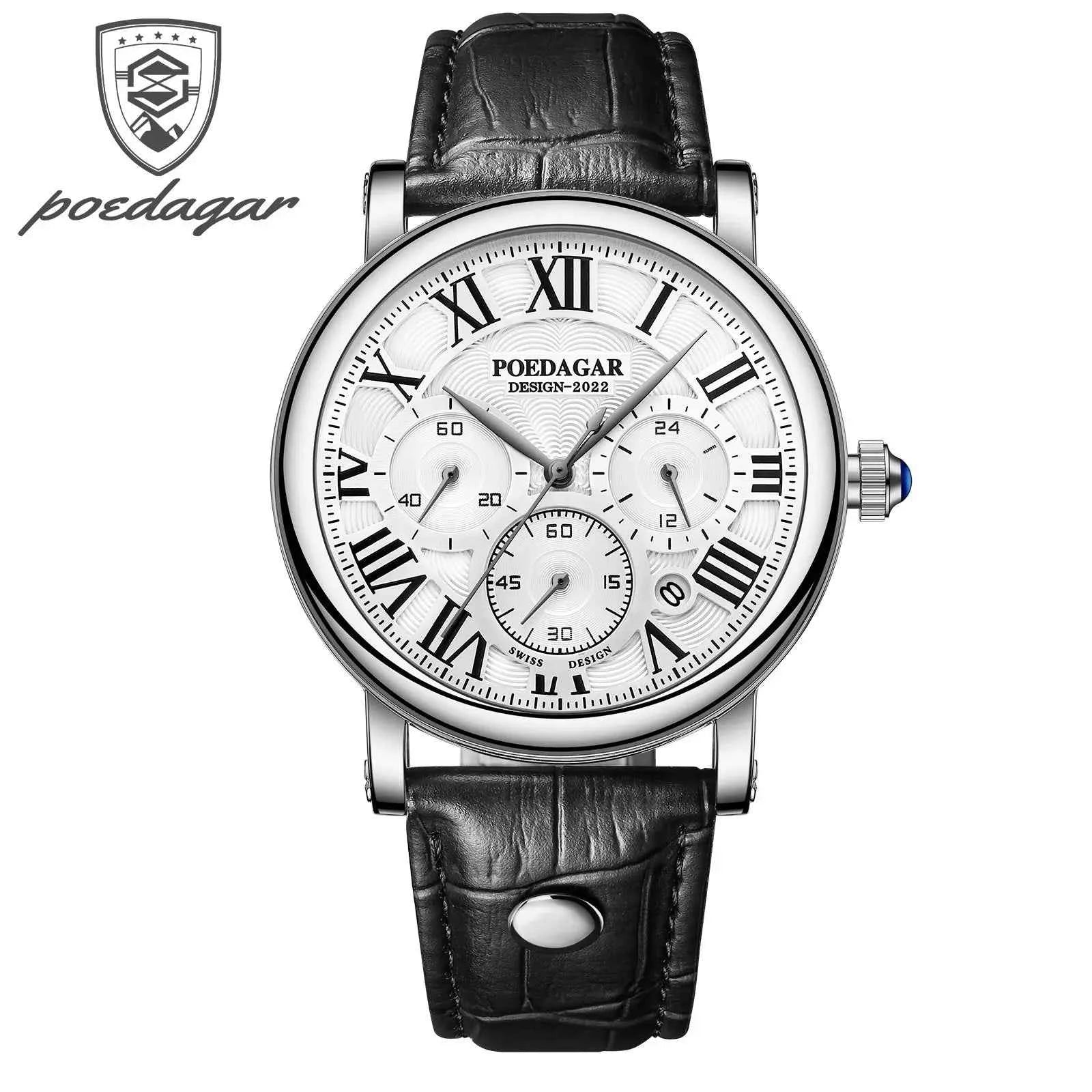 POEDAGAR Men Watch Fashion Chronograph Quartz Watches High Quality Leather Waterproof Luminous Week Date Business Man Wristwatch