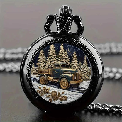 Vintage Unique Forest Truck Design Necklace Pendant Quartz Pocket Watch, Exquisite Accessory Great Watch for Men Women and Kids