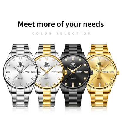 OLEVS Casual Simple Men's Wrist Watches Original Stainless Steel Waterproof Luminous Dual Calendar Quartz Fashion Watch for Men