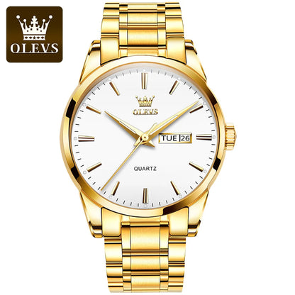 OLEVS Men Watches Waterproof Stainless Steel Quartz Male Wristwatch Gold Watch Fashion Luminous Luxury Calendar Business Clock