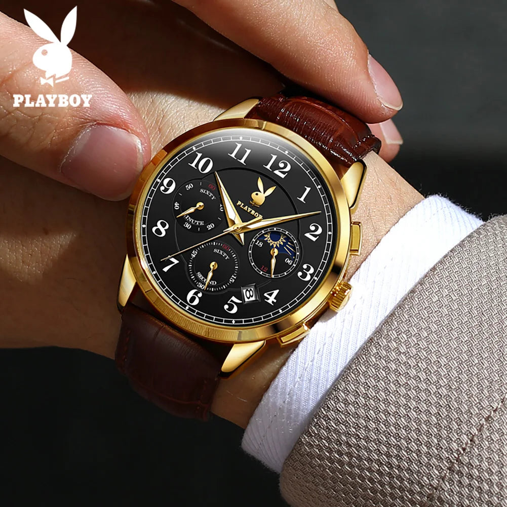 PLAYBOY Fashion Luxury Multifunction Quartz Men's Watches Original Waterproof Calendar Luminous Leather Strap Wrist Watch Men