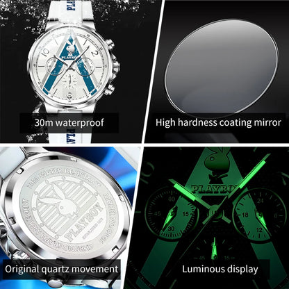 PLAYBOY Sports Chronograph Quartz Watch for Men Fashion Silicone Strap Man Wristwatch Waterproof Luxury Top Brand Men's Watches