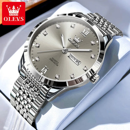 OLEVS High Quality Original Watch for Men Stainless Steel Waterproof Dual Calendar Luminous Quartz Fashion Men's Wrist Watches