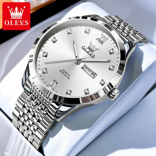OLEVS High Quality Original Watch for Men Stainless Steel Waterproof Dual Calendar Luminous Quartz Fashion Men's Wrist Watches