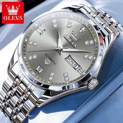 OLEVS Casual Fashion Men Watch Original Stainless Steel Waterproof Dual Calendar Luxury Automatic Mechanical Men's Wrist Watches