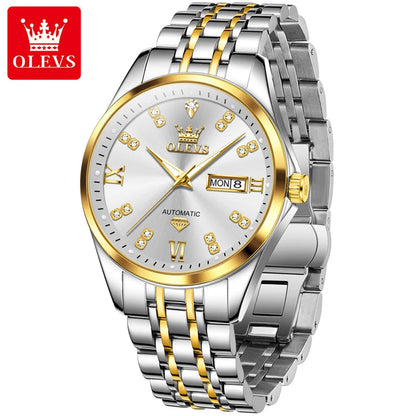 OLEVS Casual Fashion Men Watch Original Stainless Steel Waterproof Dual Calendar Luxury Automatic Mechanical Men's Wrist Watches