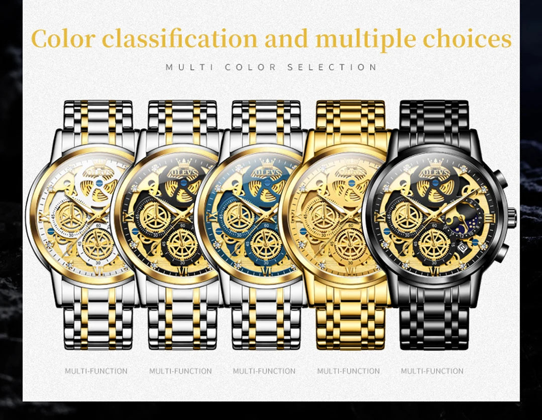 OLEVS Top Brand Men's Watches Luxury Waterproof Quartz Watch For Men Gold Skeleton Fashion Style Male Wristwatches Reloj Hombre