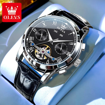 OLEVS Casual Fashion Men's Wrist Watches Best Selling Leather Strap Skeleton Multifunction Luxury Automatic Mechanical Men Watch
