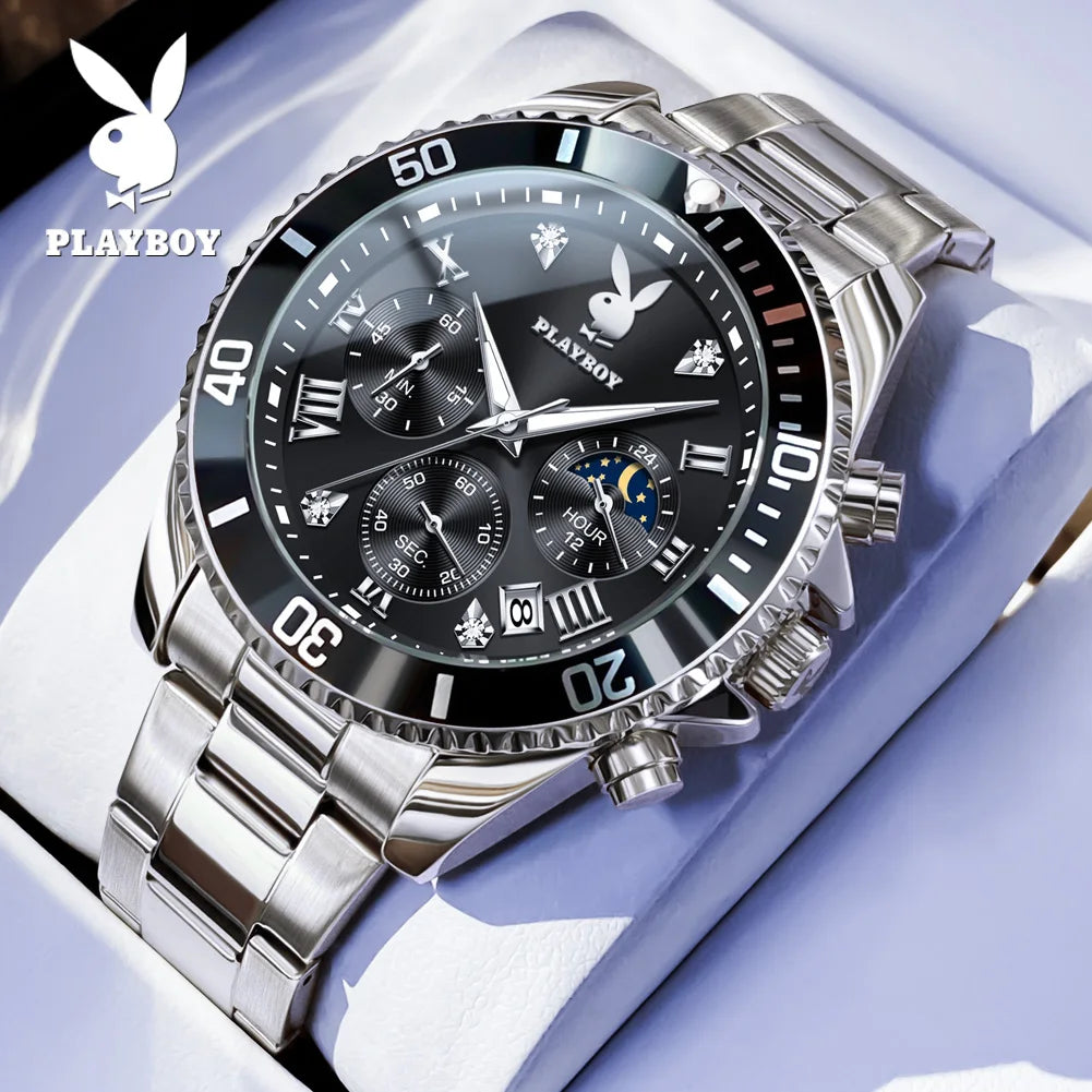 PLAYBOY High Quality Fashion Watch for Men Original Stainless Steel Waterproof Calendar Luxury Multifunction Quartz Men Watch