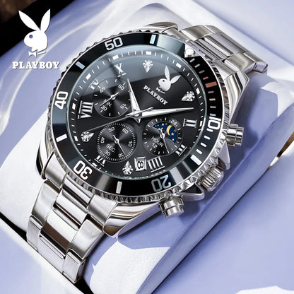 PLAYBOY High Quality Fashion Watch for Men Original Stainless Steel Waterproof Calendar Luxury Multifunction Quartz Men Watch