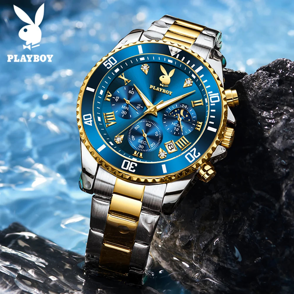 PLAYBOY High Quality Fashion Watch for Men Original Stainless Steel Waterproof Calendar Luxury Multifunction Quartz Men Watch