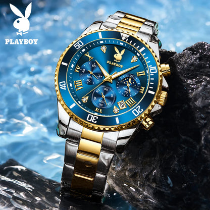 PLAYBOY High Quality Fashion Watch for Men Original Stainless Steel Waterproof Calendar Luxury Multifunction Quartz Men Watch