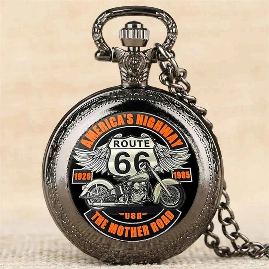 Vintage Classic Route 66 American Highway Pocket Watch Design with Dual-Tone Black Colors, Precise Quartz Movement  Watch Gift