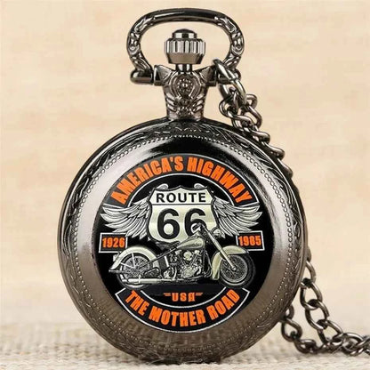 Vintage Classic Route 66 American Highway Pocket Watch Design with Dual-Tone Black Colors, Precise Quartz Movement  Watch Gift