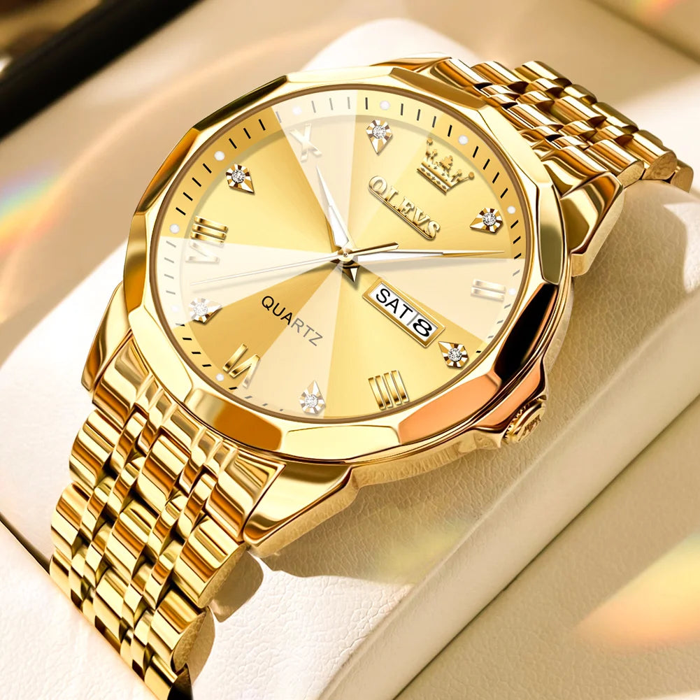 OLEVS New Watch for Men Original Quartz Waterproof Male Wristwatch Gold Stainless Steel Strap High-end Luxury Man Watch Clock