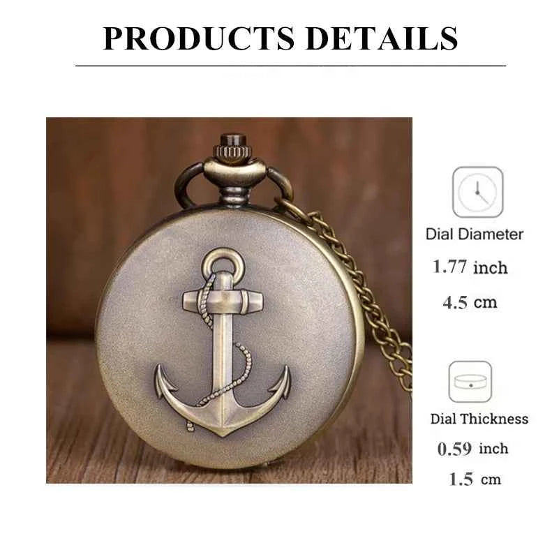Retro Anchor Hook Cartoon Design Quartz Pocket Watch with Necklace Chain Pendant Gift Men's Elegant Clock