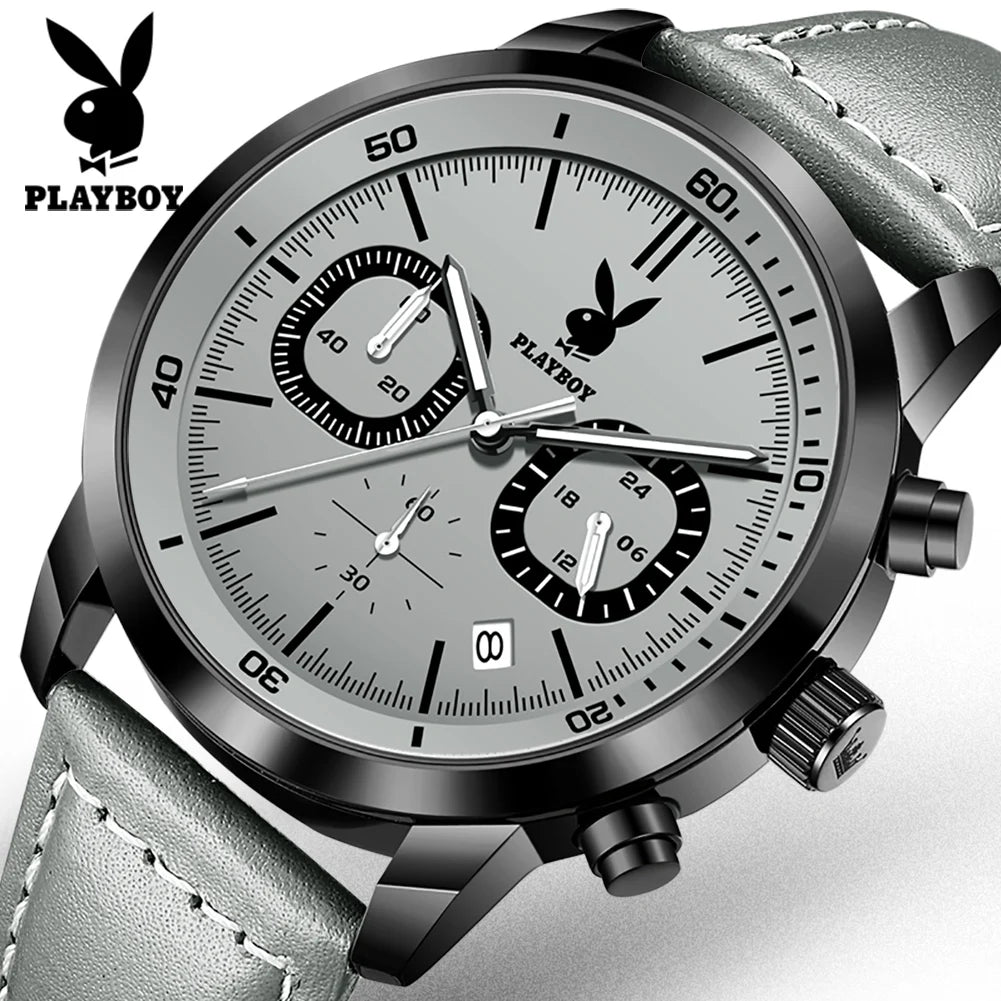 PLAYBOY Original Classic Leather Strap Men Quartz Watch Top Brand Multifunction Wrist Watch Men Casual Fashion Watches for Men
