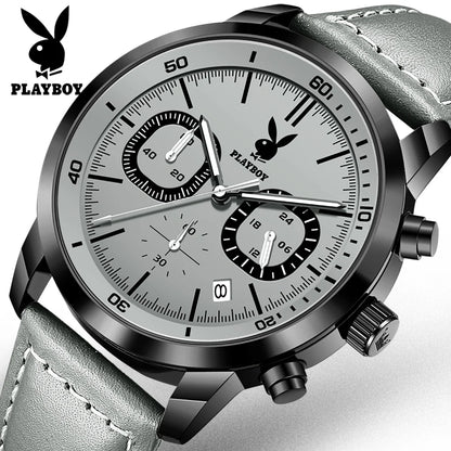 PLAYBOY Original Classic Leather Strap Men Quartz Watch Top Brand Multifunction Wrist Watch Men Casual Fashion Watches for Men