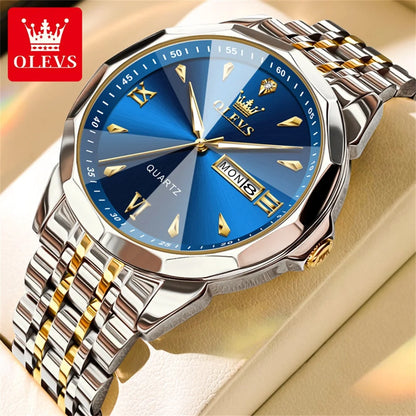 OLEVS Casual Fashion Business Men Quartz Watch Stainless Steel Waterproof Calendar Luminous Original Luxury Men's Wrist Watches