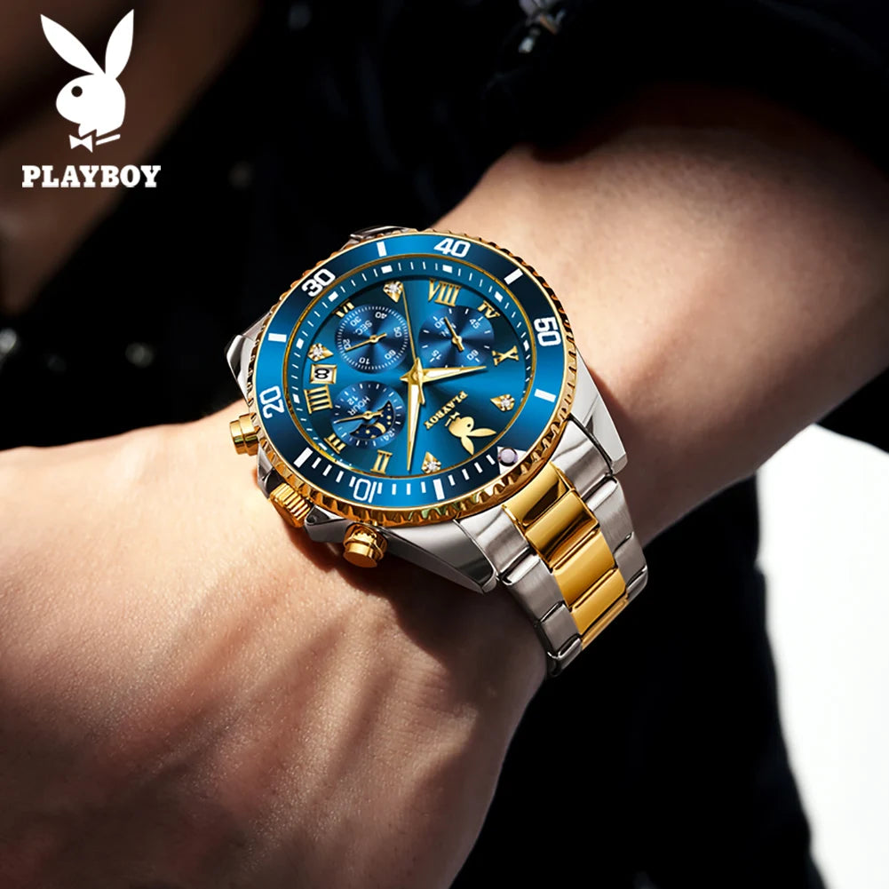 PLAYBOY High Quality Fashion Watch for Men Original Stainless Steel Waterproof Calendar Luxury Multifunction Quartz Men Watch