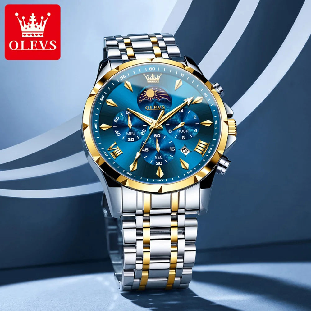 OLEVS Original Fashion Men Watch Stainless Steel Waterproof Luminous Dual Calendar Luxury Multifunction Quartz Men's Wrist Watch