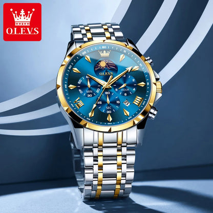 OLEVS Original Fashion Men Watch Stainless Steel Waterproof Luminous Dual Calendar Luxury Multifunction Quartz Men's Wrist Watch
