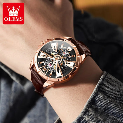 OLEVS Original Fashion Trend Business Men Watch Top Brand High Quality Skeleton Leather Strap Automatic Mechanical Watch for Men