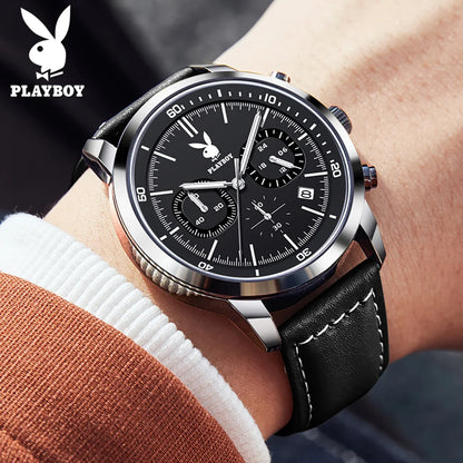 PLAYBOY Top Brand Quartz Watch for Men Original Waterproof Leather Strap Wrist Watch Men Best Selling Fashion Luxury Mens Watch