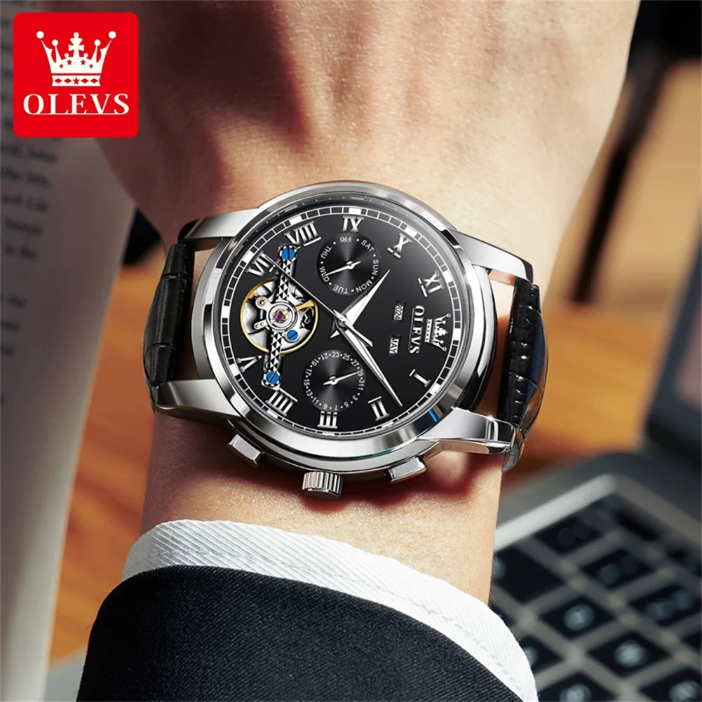 OLEVS Casual Fashion Men's Wrist Watches Best Selling Leather Strap Skeleton Multifunction Luxury Automatic Mechanical Men Watch