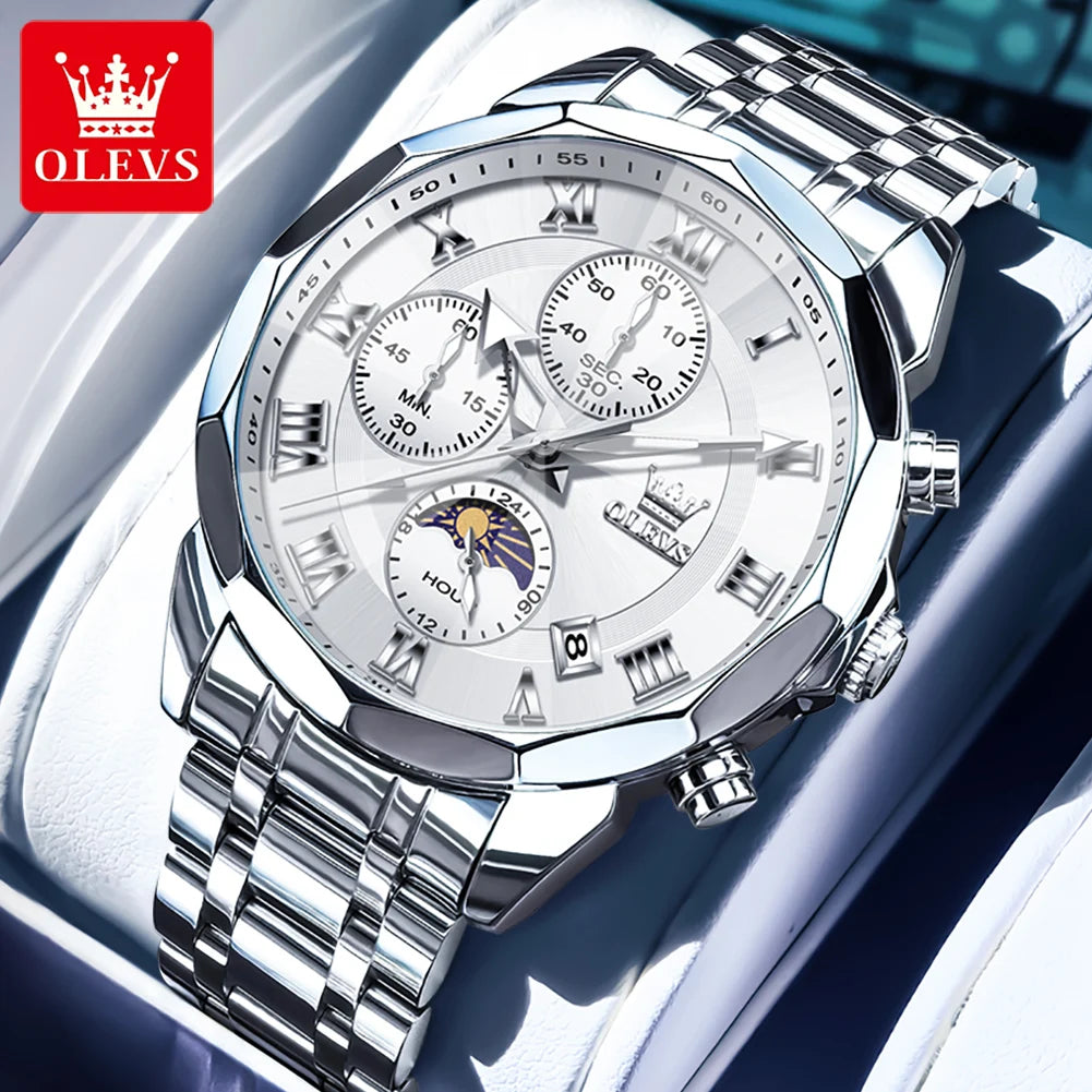 OLEVS High Quality Fashion Business Men Watch Original Stainless Steel Waterproof Multifunction New Quartz Men's Wrist Watches
