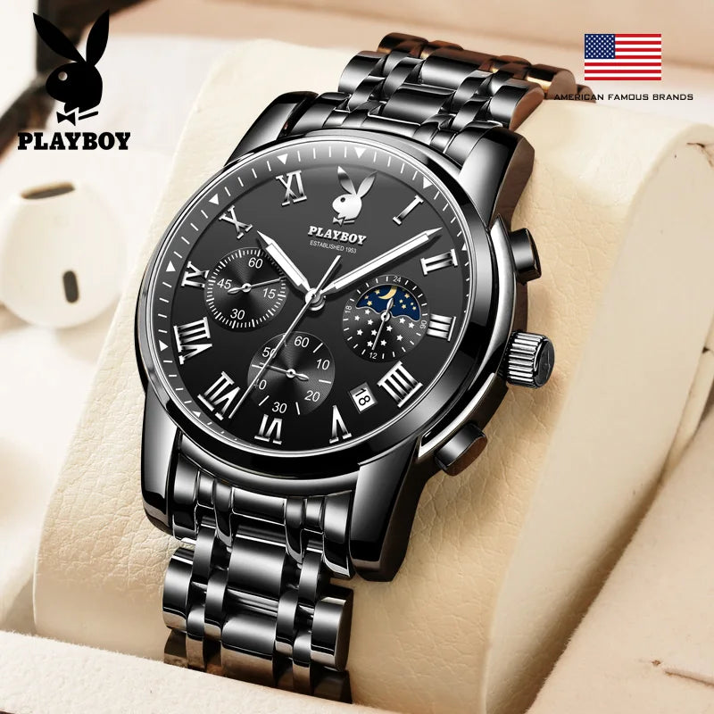PLAYBOY Top Brand Quartz Watches for Men Waterproof Moon Phase Luxury Men's Watches Elegant  Fashion Original Wrist Watch Men