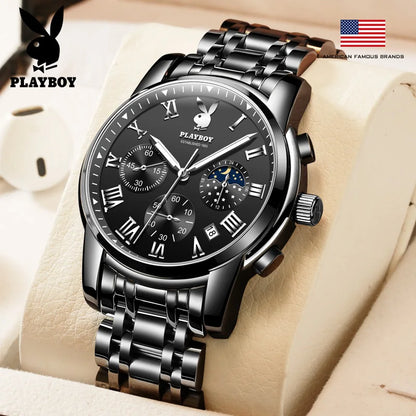 PLAYBOY Top Brand Quartz Watches for Men Waterproof Moon Phase Luxury Men's Watches Elegant  Fashion Original Wrist Watch Men