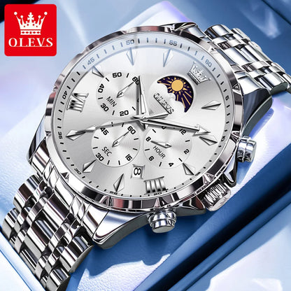 OLEVS Original Fashion Men Watch Stainless Steel Waterproof Luminous Dual Calendar Luxury Multifunction Quartz Men's Wrist Watch