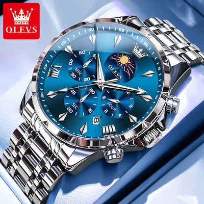 OLEVS Original Fashion Men Watch Stainless Steel Waterproof Luminous Dual Calendar Luxury Multifunction Quartz Men's Wrist Watch