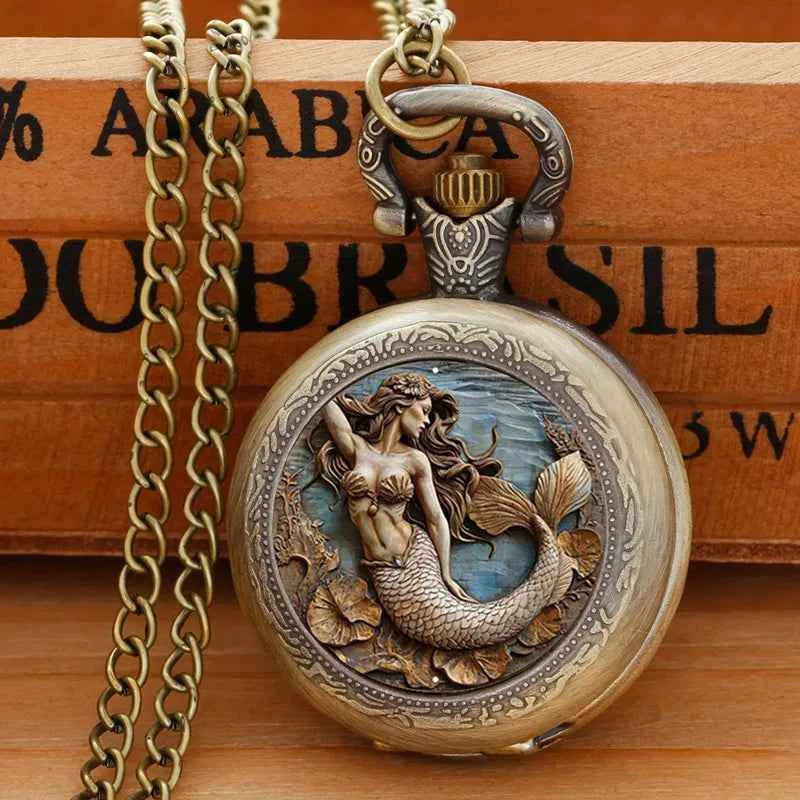 Vintage Angel Girl Design Quartz Pocket Watch with Black Necklace Pendant World-Time Feature, Analog Display For Women Men Kids
