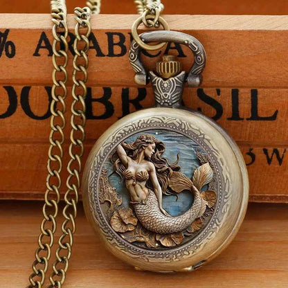 Vintage Angel Girl Design Quartz Pocket Watch with Black Necklace Pendant World-Time Feature, Analog Display For Women Men Kids