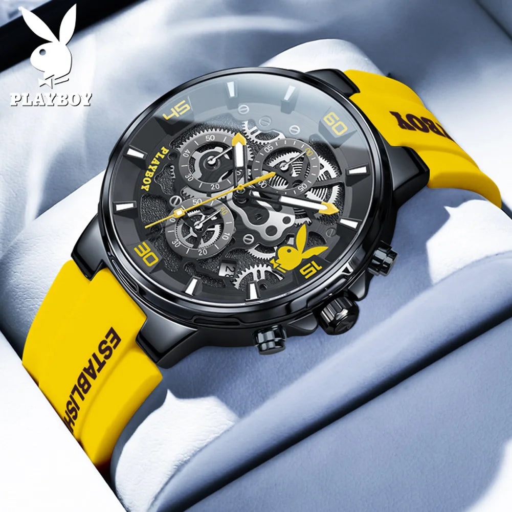 PLAYBOY Fashion Men Watches Top Brand Luxury Silicone Sport Watch Men Quartz Date Waterproof Wristwatch Chronograph Clock Man
